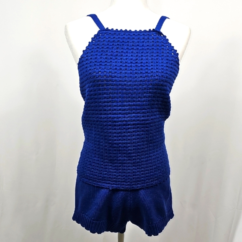 NWOT Anthropologie Maronie Blue Knit Lounge Set Tank Top Shorts M Backless